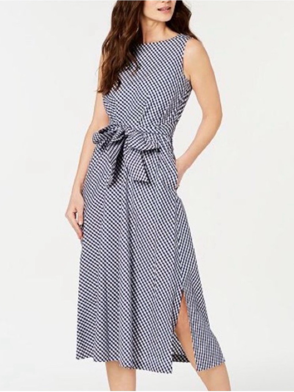 Navy And White Gingham Tie-Waist Midi Dress
